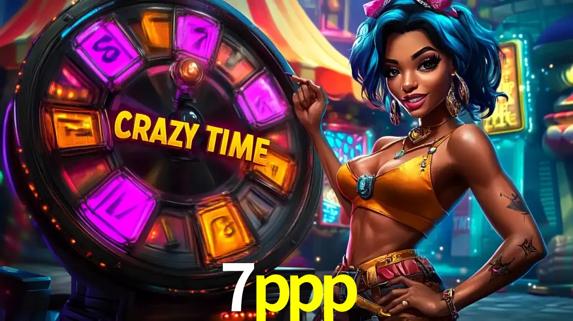 Mulher estilizada com cabelo azul e visual vibrante posando ao lado da roda de prêmios do game show Crazy Time, convidando para a diversão e os bônus do cassino 7ppp.